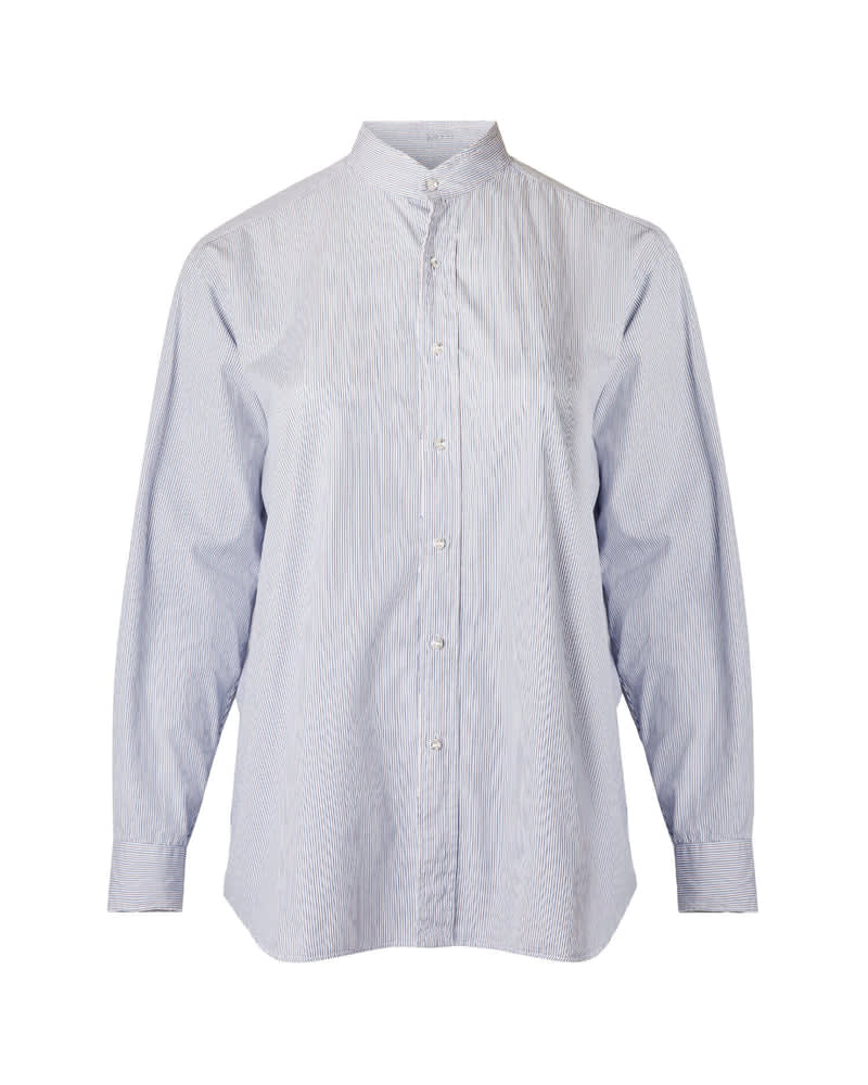 Front of a size 2XL Collarless Blue Striped Upcycled Shirt in Blue by A Shirt Story. | dia_product_style_image_id:227127